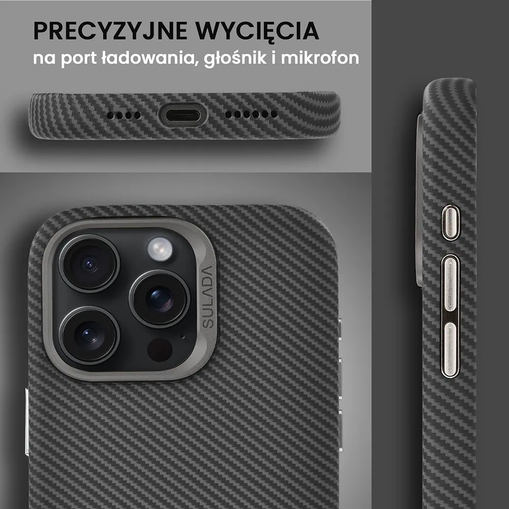 Etui do iPhone 15 Pro Max, Magsafe Carbon Skin, cienkie, karbonowe, Sulada original, czarne