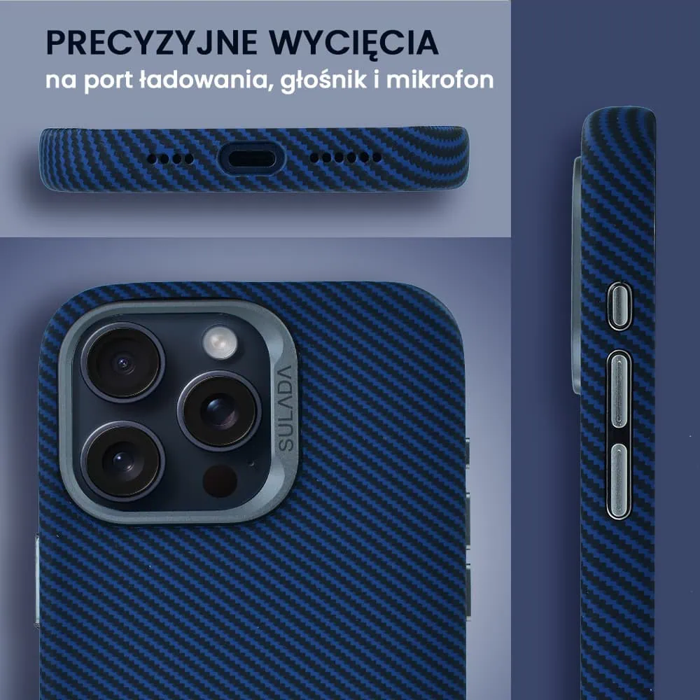 Etui do iPhone 15 Pro, Magsafe Carbon Skin, cienkie, karbonowe, Sulada original, granatowe