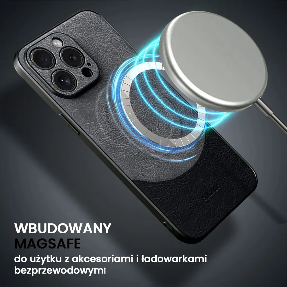 Etui do iPhone 15 Pro Max Magsafe Leather Protect eleganckie skórzane, Sulada Original, szaro-czarne