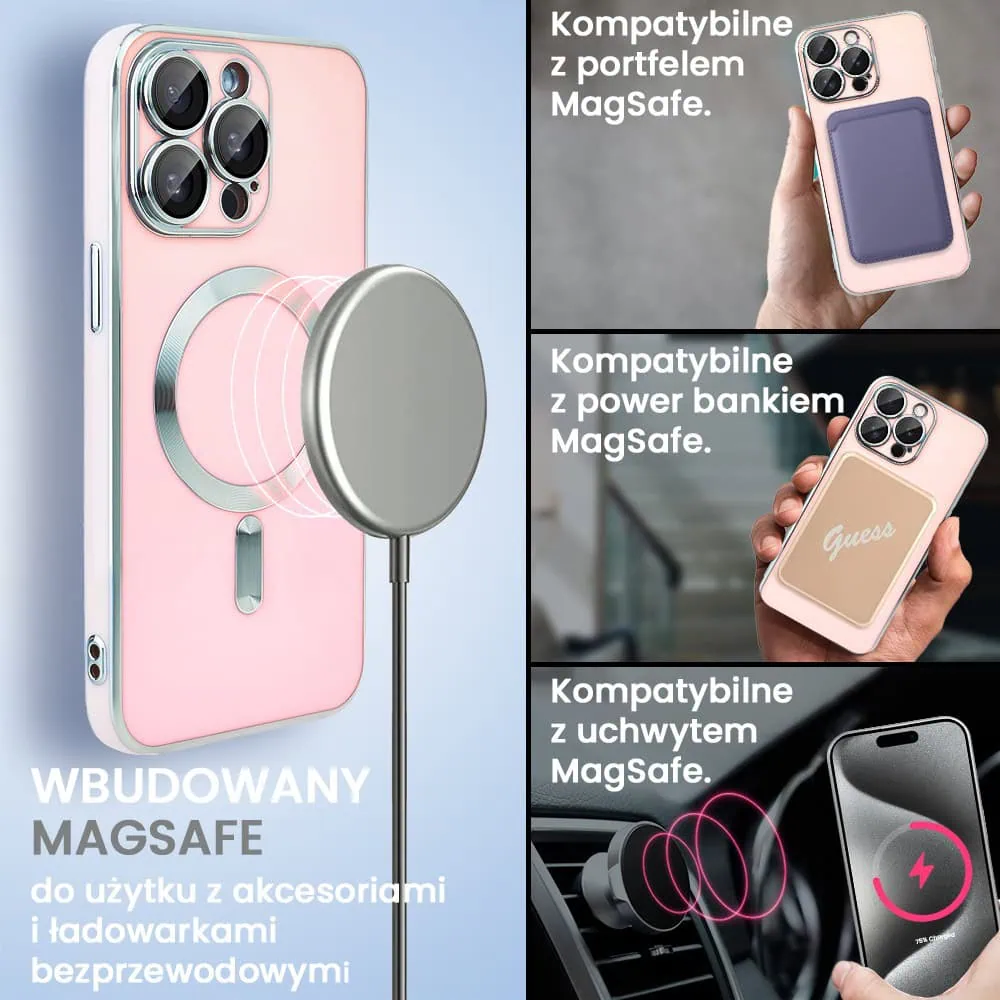 Etui do iPhone 15 Pro Max Magsafe Silver Elegance, z osłoną aparatu, delikatnie różowe