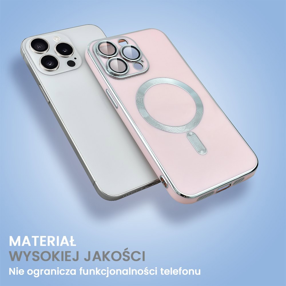Etui do iPhone 15 Pro Max Magsafe Silver Elegance, z osłoną aparatu, delikatnie różowe