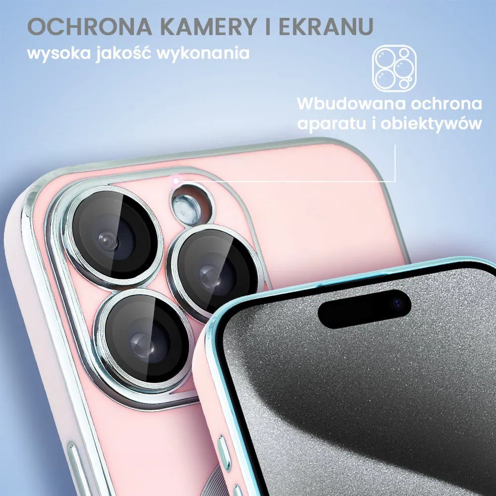 Etui do iPhone 15 Pro Max Magsafe Silver Elegance, z osłoną aparatu, delikatnie różowe