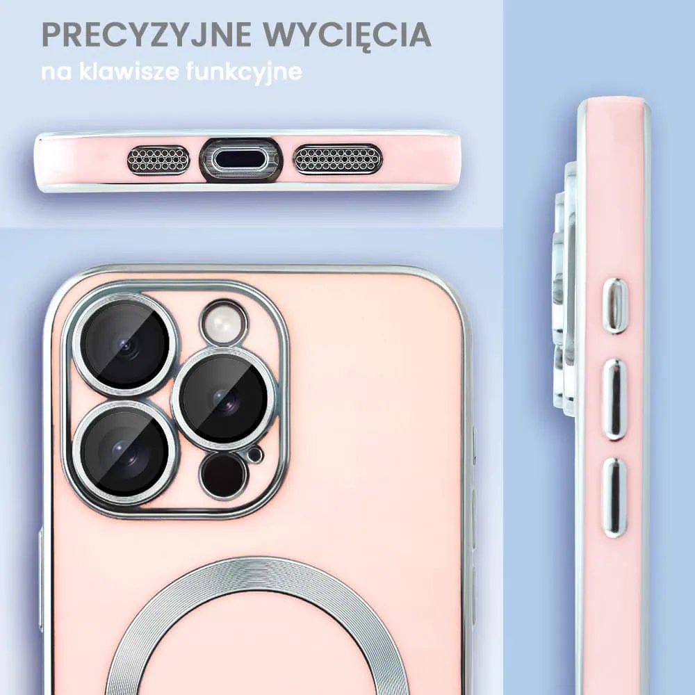 Etui do iPhone 15 Pro Max Magsafe Silver Elegance, z osłoną aparatu, delikatnie różowe