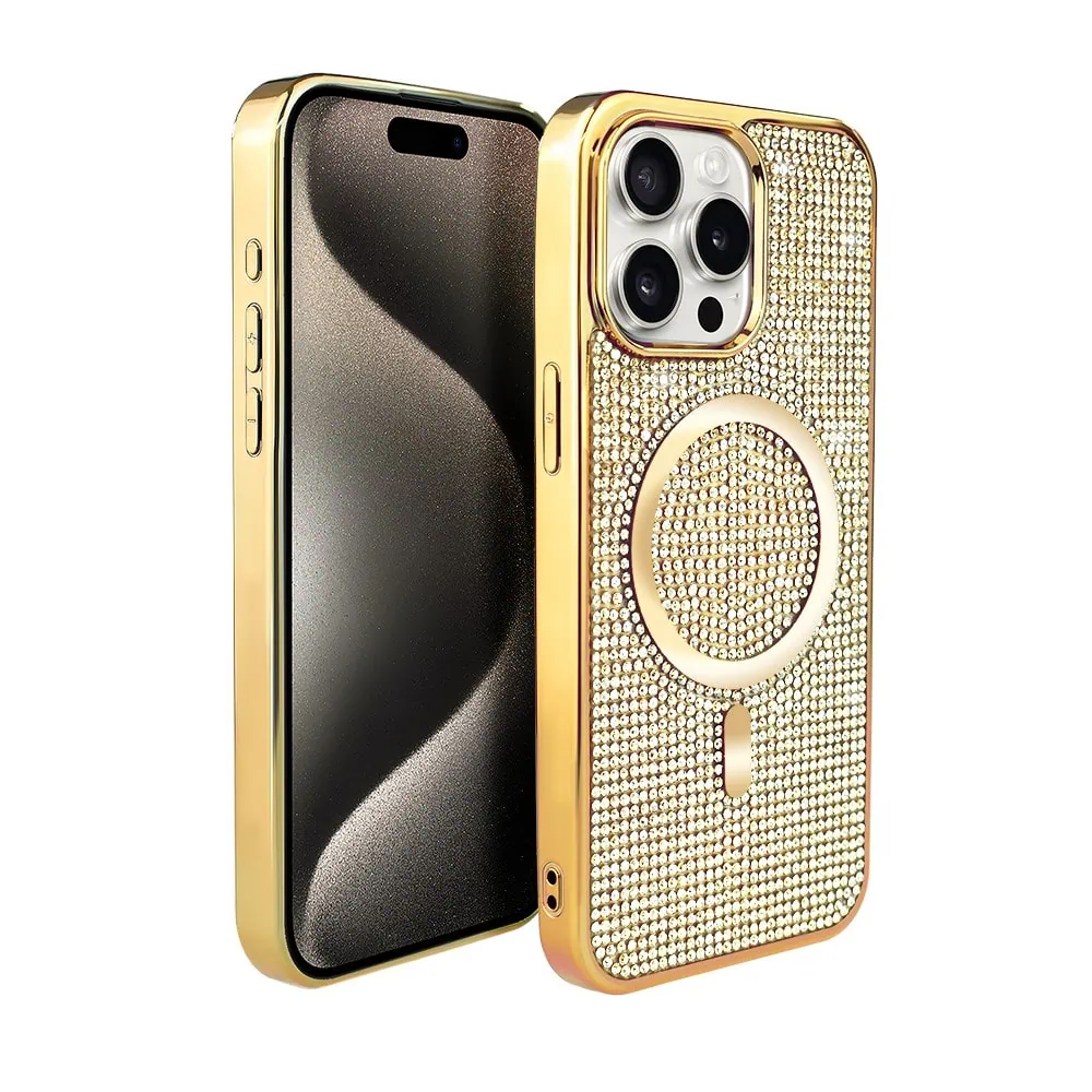 Etui do iPhone 15 Pro Magsafe Tresury Case, diamentowe, z błyszczącą ramką, złote