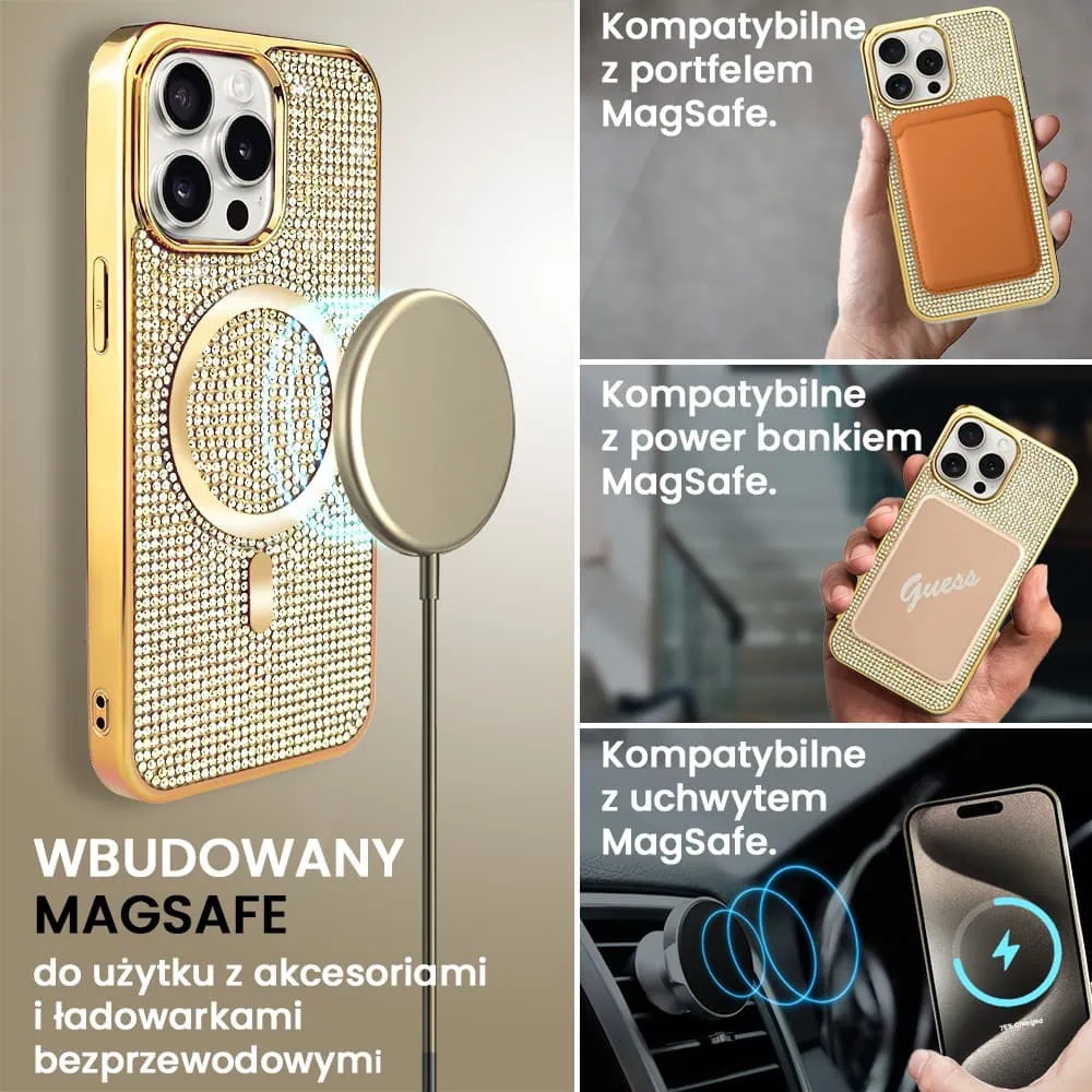 Etui do iPhone 15 Pro Magsafe Tresury Case, diamentowe, z błyszczącą ramką, złote