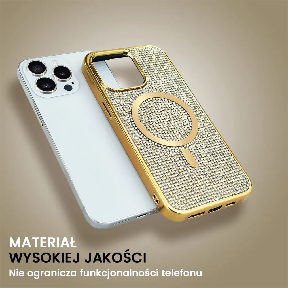 Etui do iPhone 15 Pro Magsafe Tresury Case, diamentowe, z błyszczącą ramką, złote