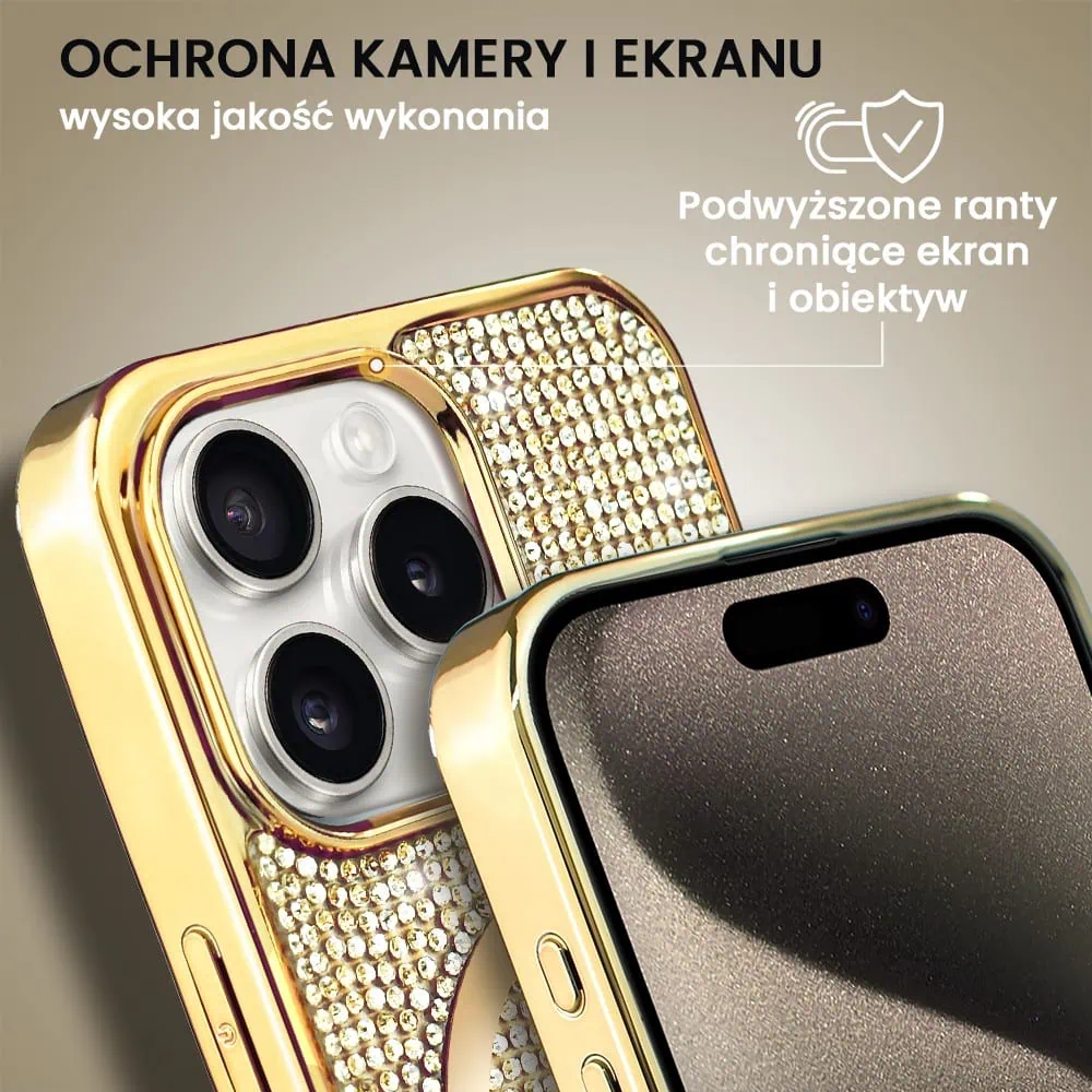 Etui do iPhone 15 Pro Magsafe Tresury Case, diamentowe, z błyszczącą ramką, złote