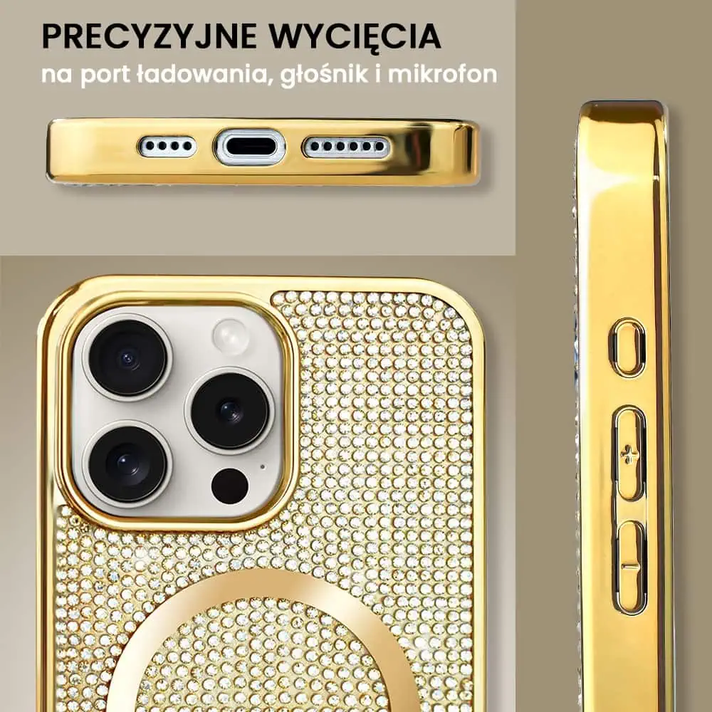 Etui do iPhone 15 Pro Magsafe Tresury Case, diamentowe, z błyszczącą ramką, złote
