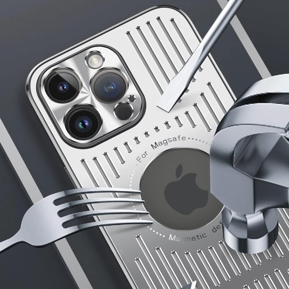 Etui do iPhone 15 Pro Max Metal Defender z osłoną aparatu, metalowe z widocznym logo, srebrne