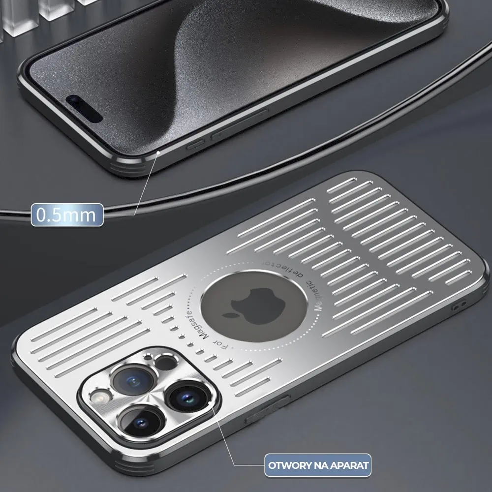 Etui do iPhone 15 Pro Max Metal Defender z osłoną aparatu, metalowe z widocznym logo, srebrne