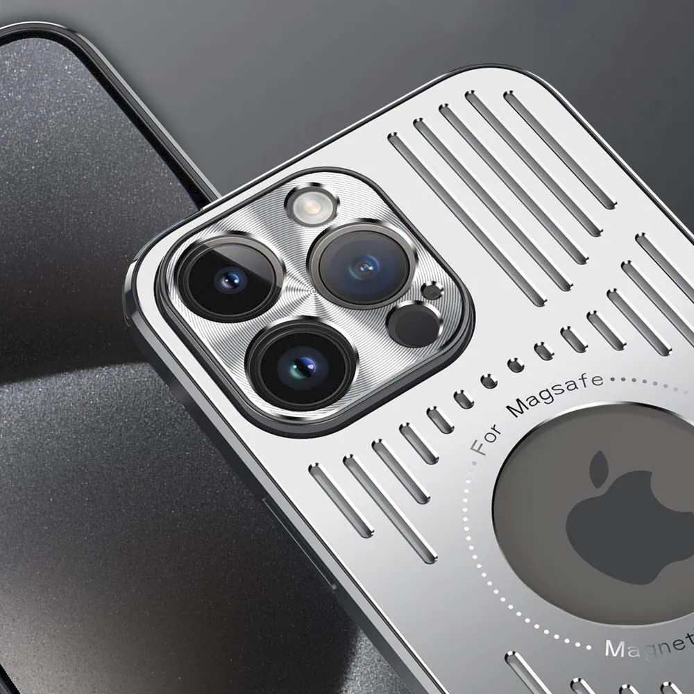 Etui do iPhone 15 Pro Max Metal Defender z osłoną aparatu, metalowe z widocznym logo, srebrne