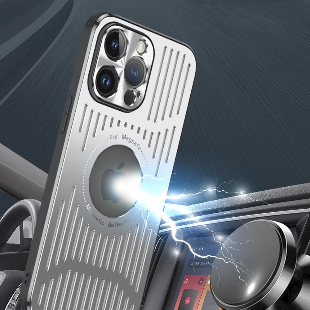 Etui do iPhone 15 Pro Max Metal Defender z osłoną aparatu, metalowe z widocznym logo, srebrne