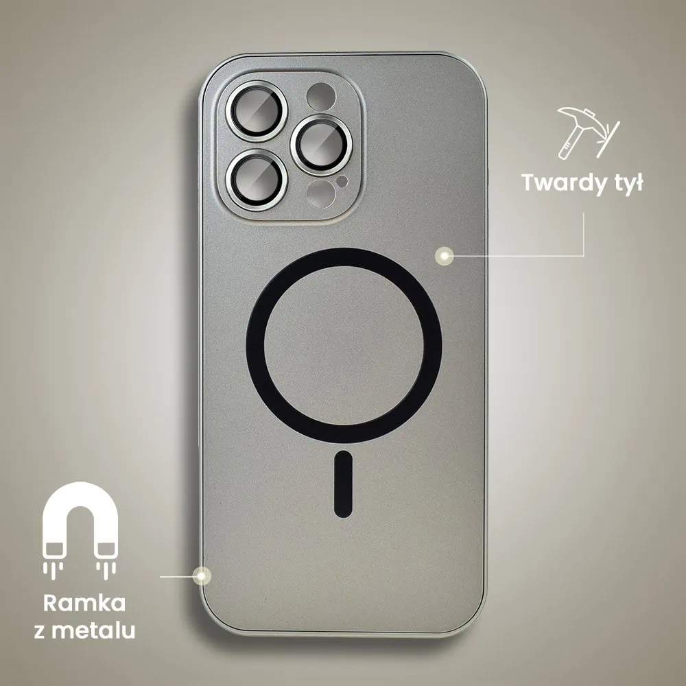 Etui do iPhone 15 Pro Metal Solid Magsafe, pełny tył z metalową ramką i osłoną aparatu, tytanowe