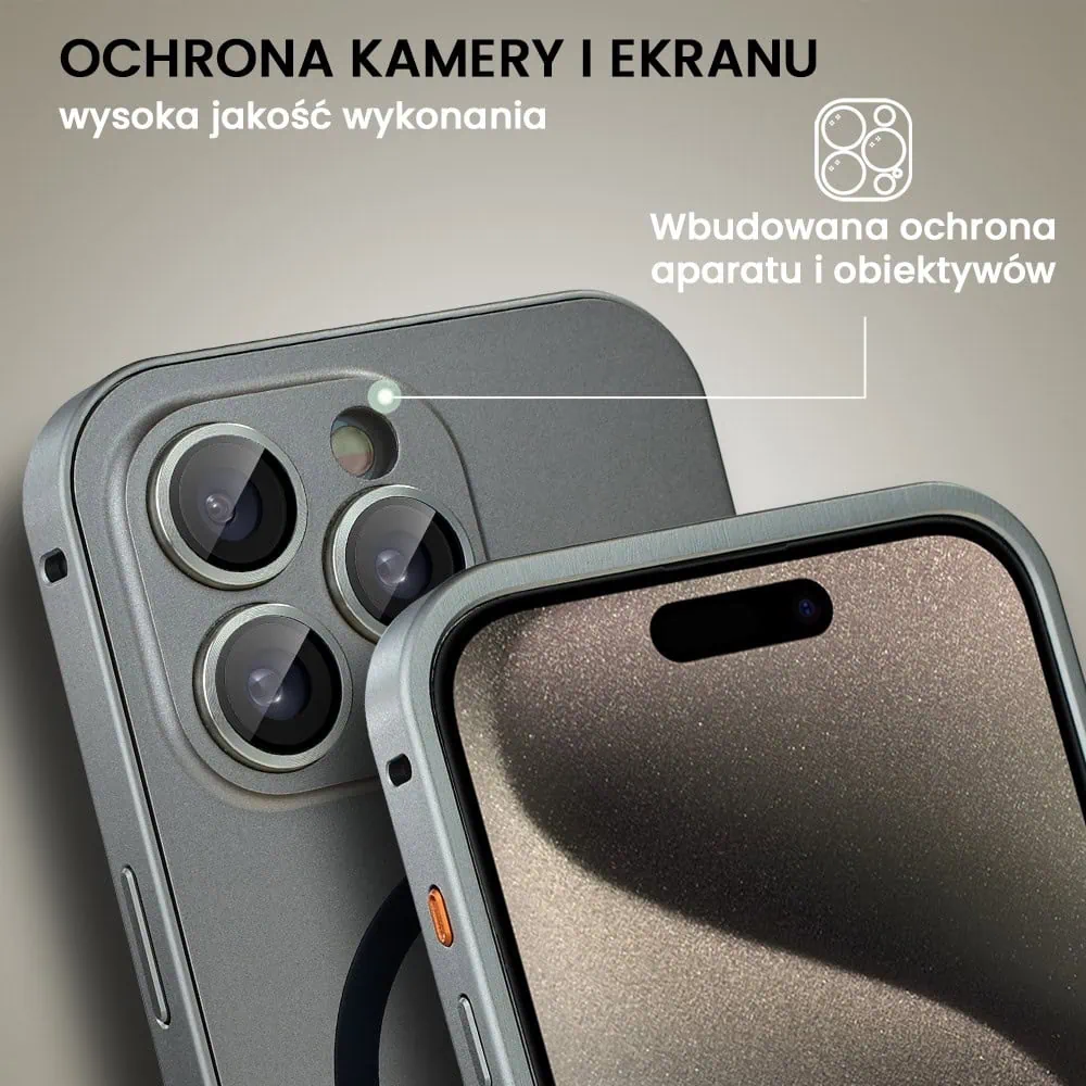 Etui do iPhone 15 Pro Metal Solid Magsafe, pełny tył z metalową ramką i osłoną aparatu, tytanowe