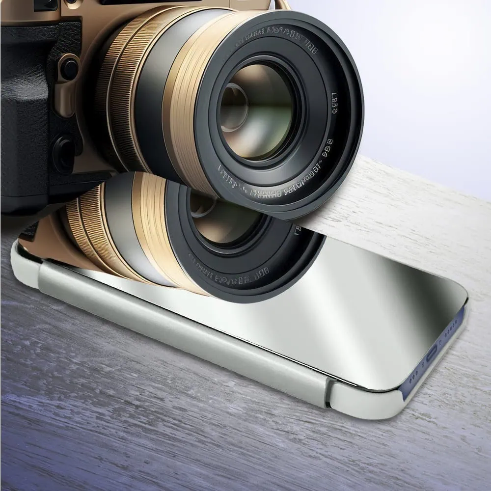 Etui do iPhone 15 Pro Max Mirror View zamykane typu książka, eleganckie lustrzane, srebrne (OUTLET)