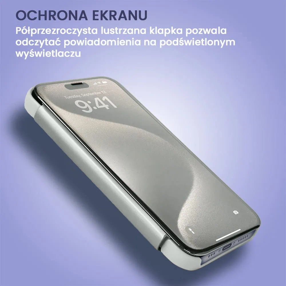 Etui do iPhone 15 Pro Max Mirror View zamykane typu książka, eleganckie lustrzane, srebrne (OUTLET)