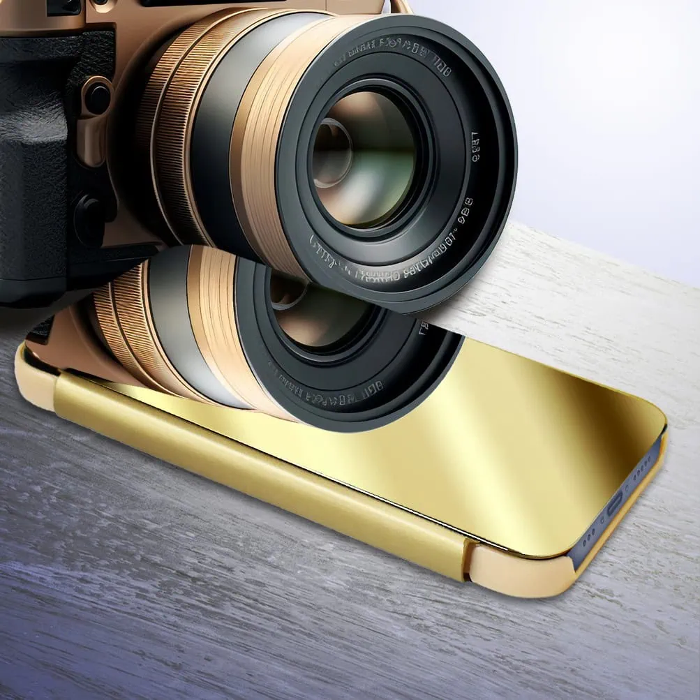 Etui do iPhone 15 Pro Mirror View zamykane typu książka, eleganckie lustrzane, złote