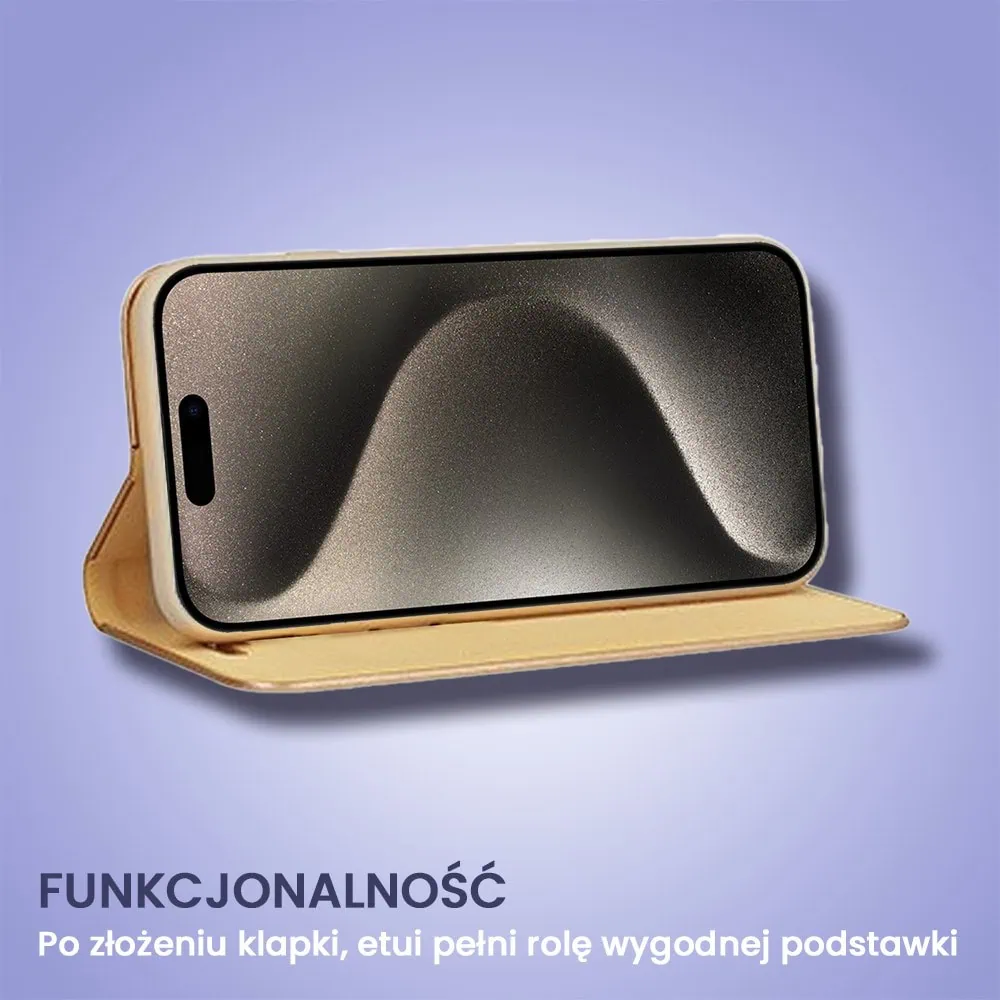 Etui do iPhone 15 Pro Mirror View zamykane typu książka, eleganckie lustrzane, złote