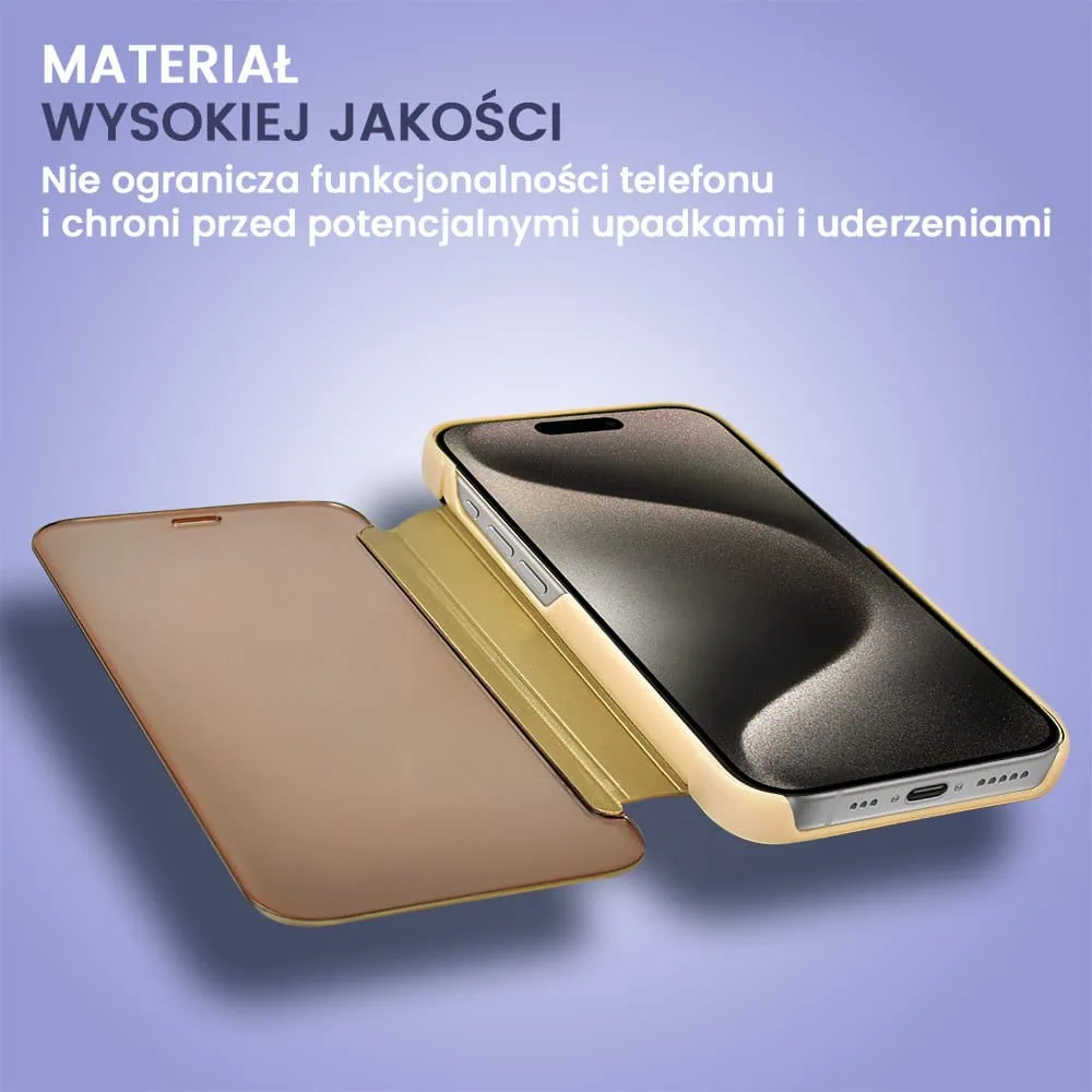 Etui do iPhone 15 Pro Mirror View zamykane typu książka, eleganckie lustrzane, złote