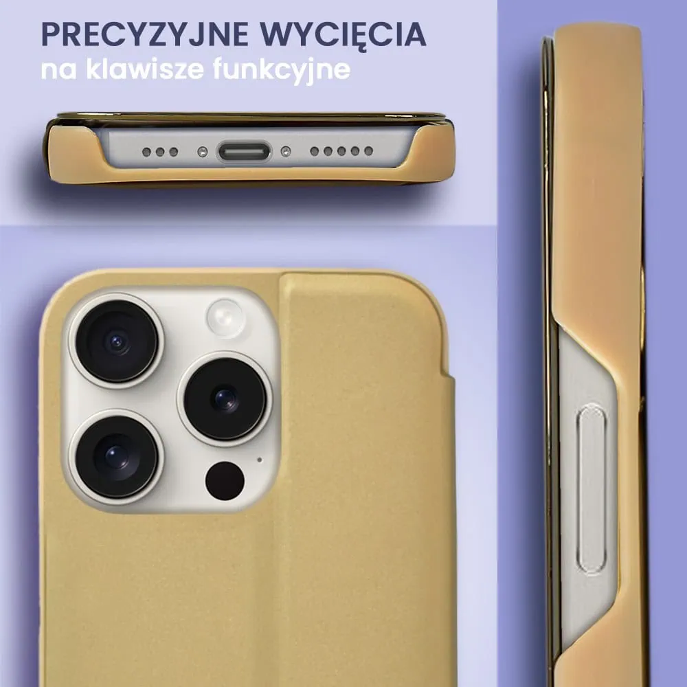 Etui do iPhone 15 Pro Mirror View zamykane typu książka, eleganckie lustrzane, złote