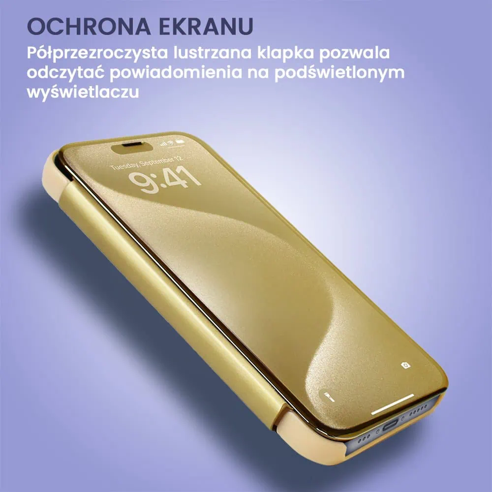 Etui do iPhone 15 Pro Mirror View zamykane typu książka, eleganckie lustrzane, złote