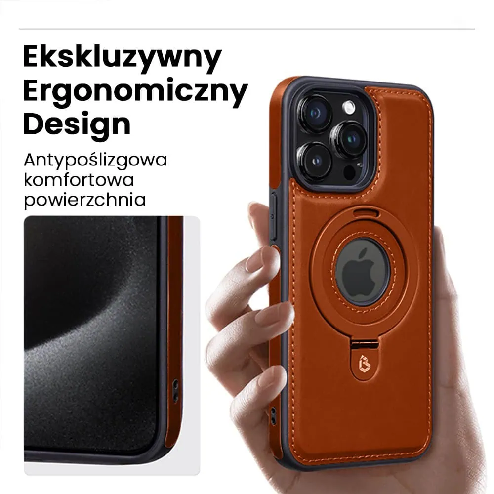 Etui do iPhone 15 Pro Max Slim Leather MagSafe Stand z podstawką i widocznym logo, brązowe