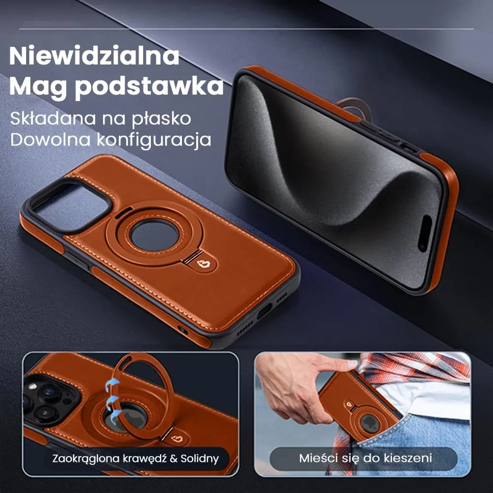 Etui do iPhone 15 Pro Max Slim Leather MagSafe Stand z podstawką i widocznym logo, brązowe