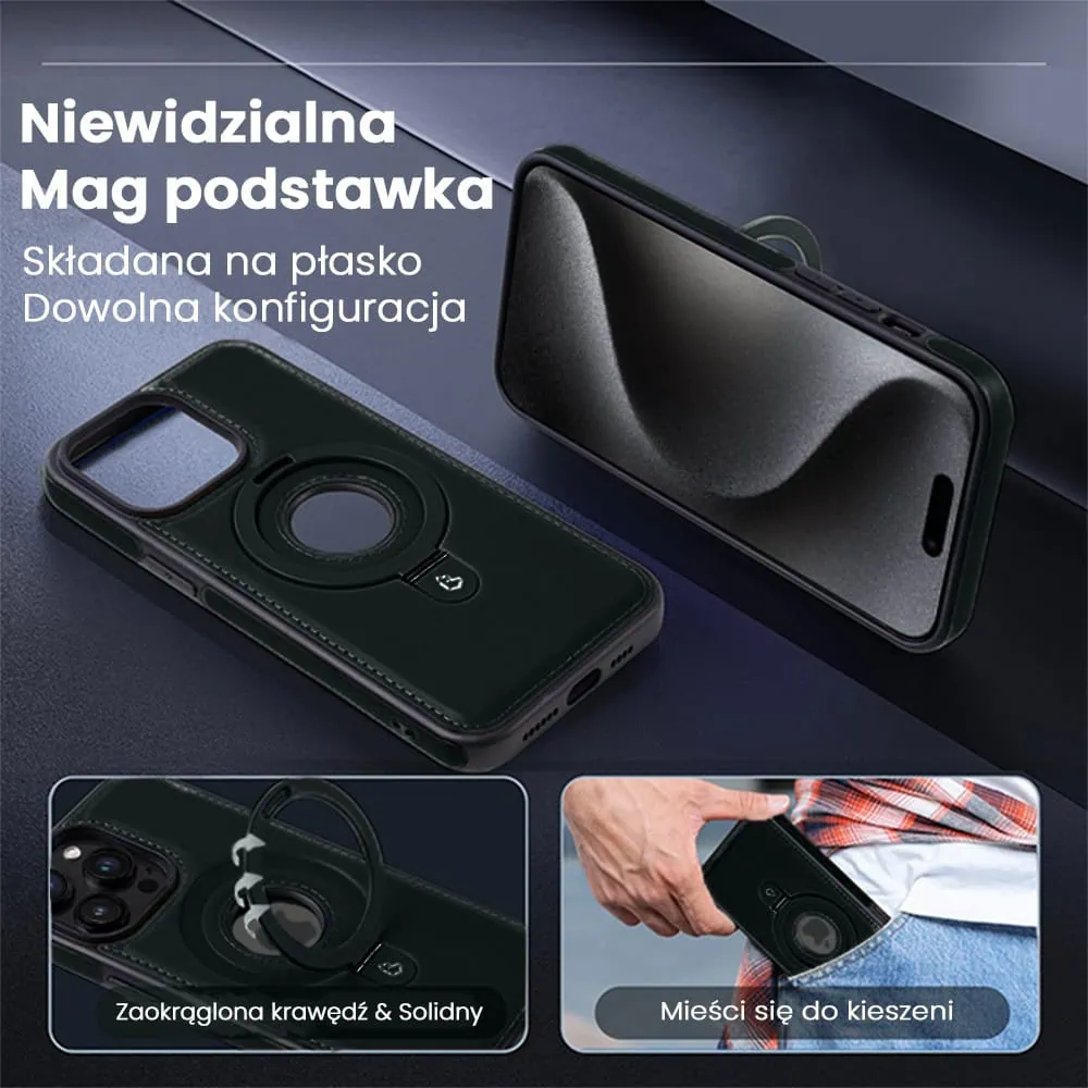 Etui do iPhone 15 Pro Max Slim Leather MagSafe Stand z podstawką i widocznym logo, czarne (OUTLET)
