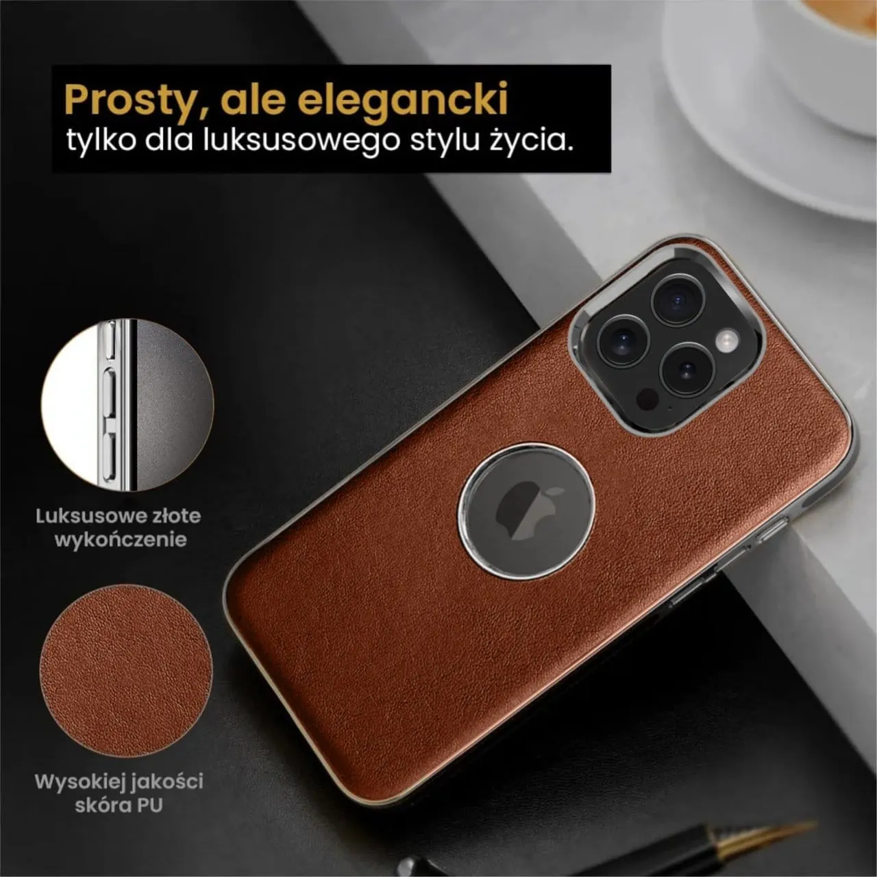 Etui do iPhone 15 Pro Max Slim Leather Protect z widocznym logo, brązowe