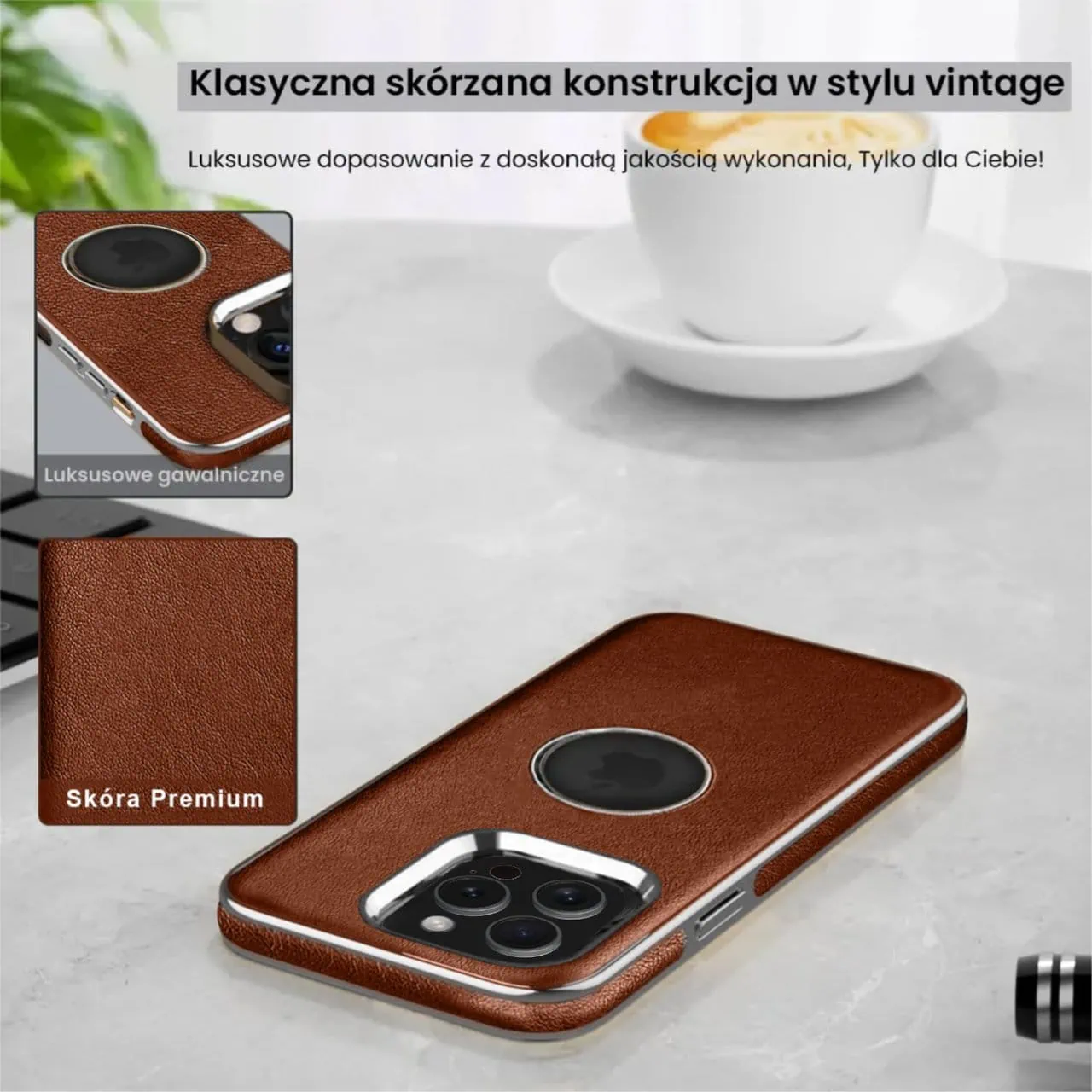 Etui do iPhone 15 Pro Max Slim Leather Protect z widocznym logo, brązowe