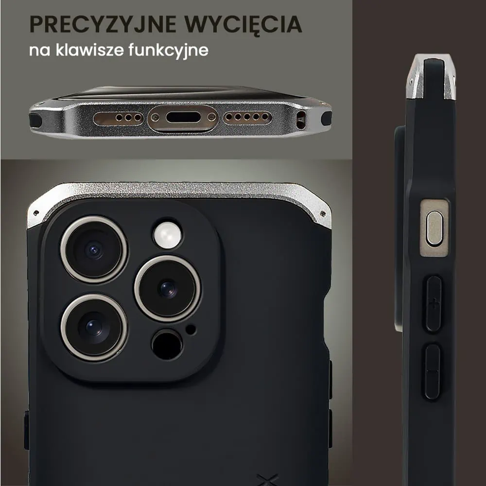 Etui do iPhone 15 Pro Max Soild Elements pancerne, twarde, z metalowymi krawędziami, srebrne