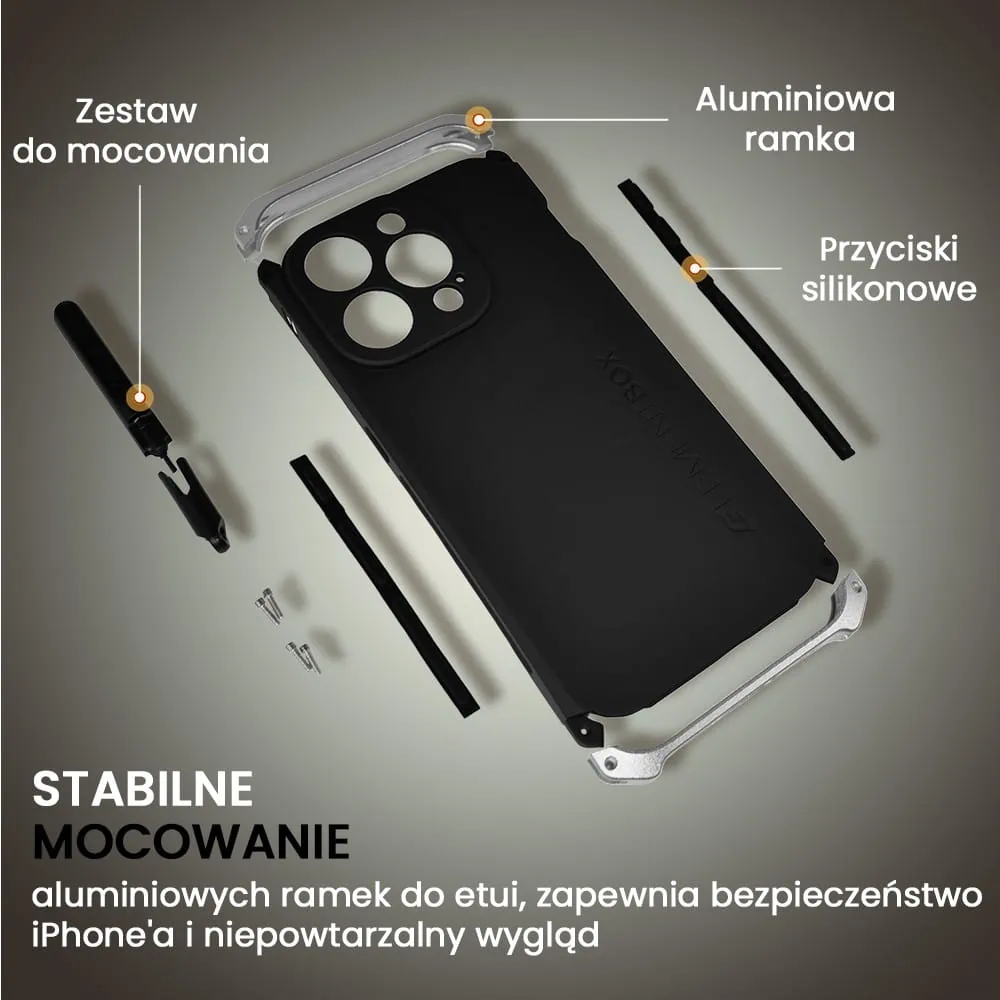 Etui do iPhone 15 Pro Max Soild Elements pancerne, twarde, z metalowymi krawędziami, srebrne