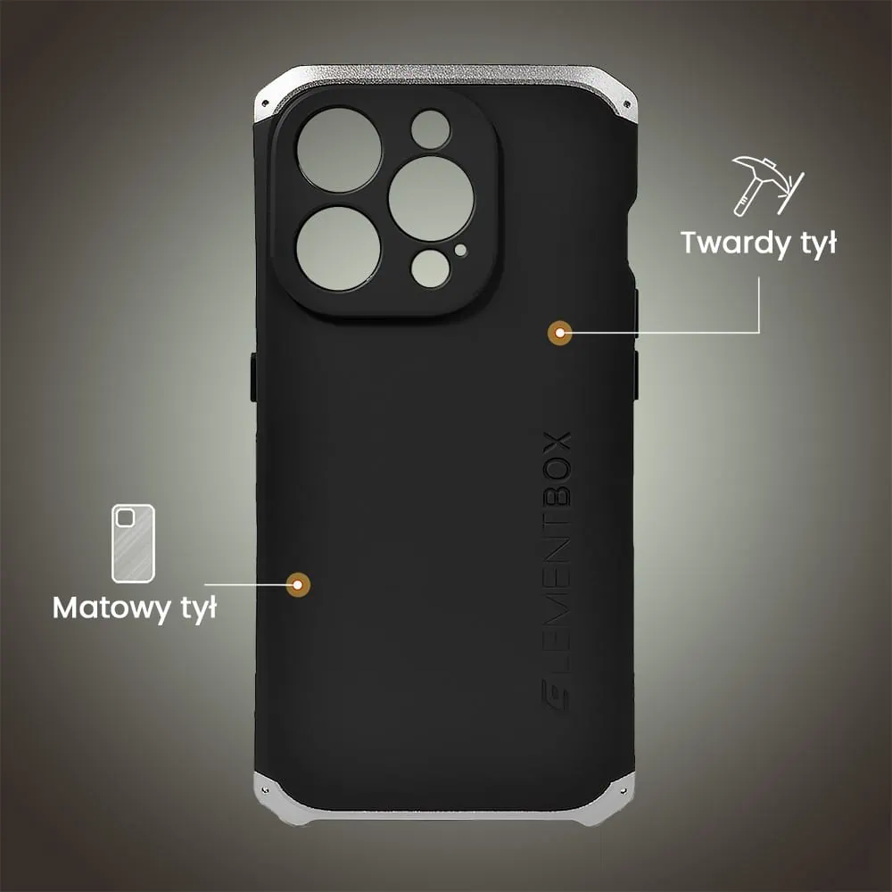 Etui do iPhone 15 Pro Max Soild Elements pancerne, twarde, z metalowymi krawędziami, srebrne