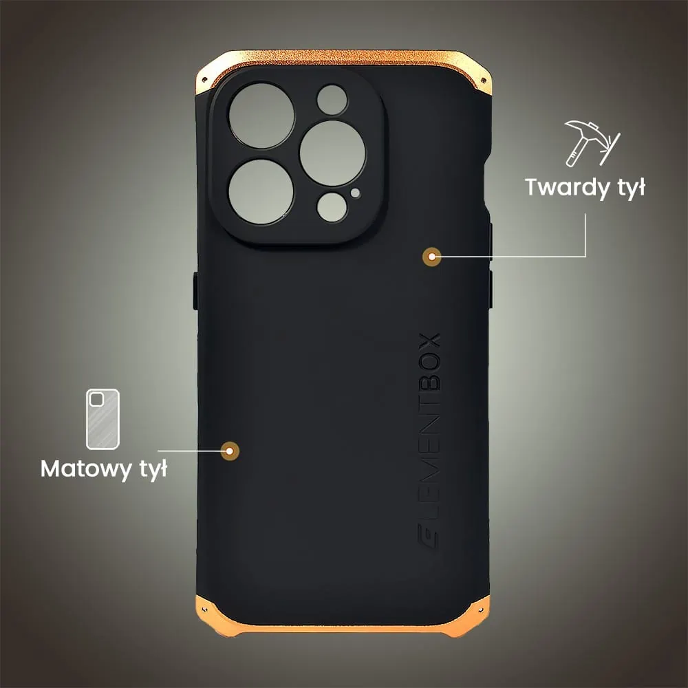 Etui do iPhone 15 Pro Soild Elements pancerne, twarde, z metalowymi krawędziami, złote