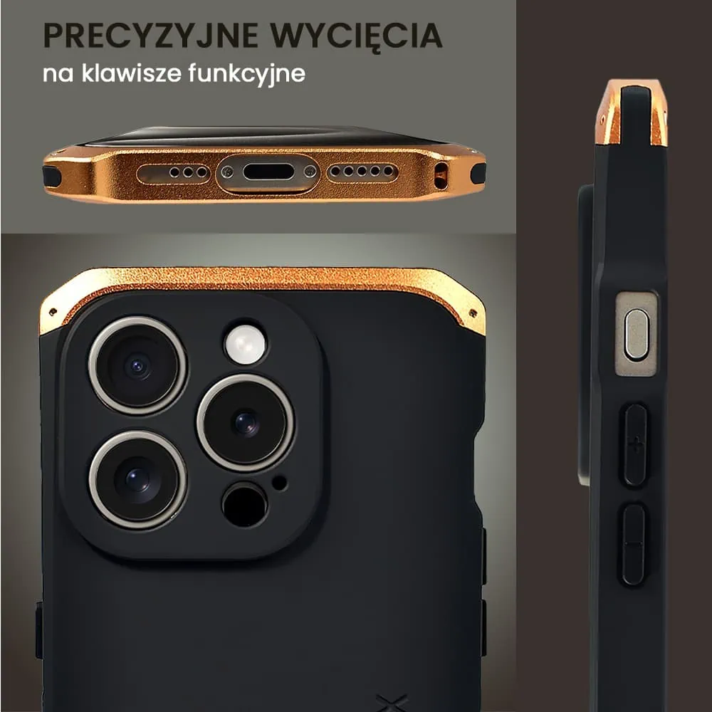 Etui do iPhone 15 Pro Soild Elements pancerne, twarde, z metalowymi krawędziami, złote