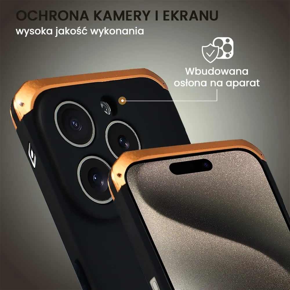 Etui do iPhone 15 Pro Soild Elements pancerne, twarde, z metalowymi krawędziami, złote