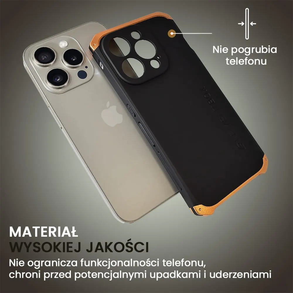 Etui do iPhone 15 Pro Soild Elements pancerne, twarde, z metalowymi krawędziami, złote