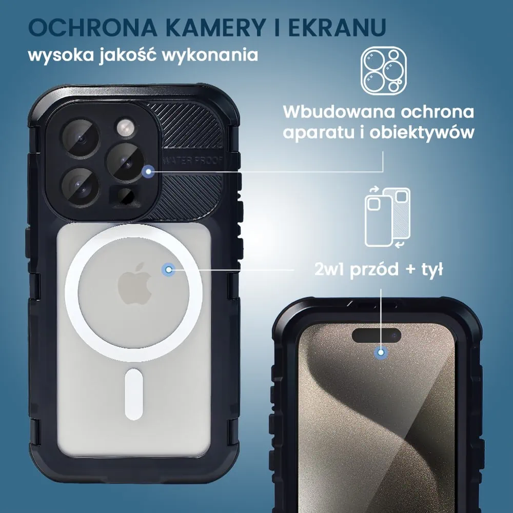 Etui do iPhone 15 Pro TOTAL Protect z Magsafe, wodoodporne, metalowe, przeźroczyste, czarne