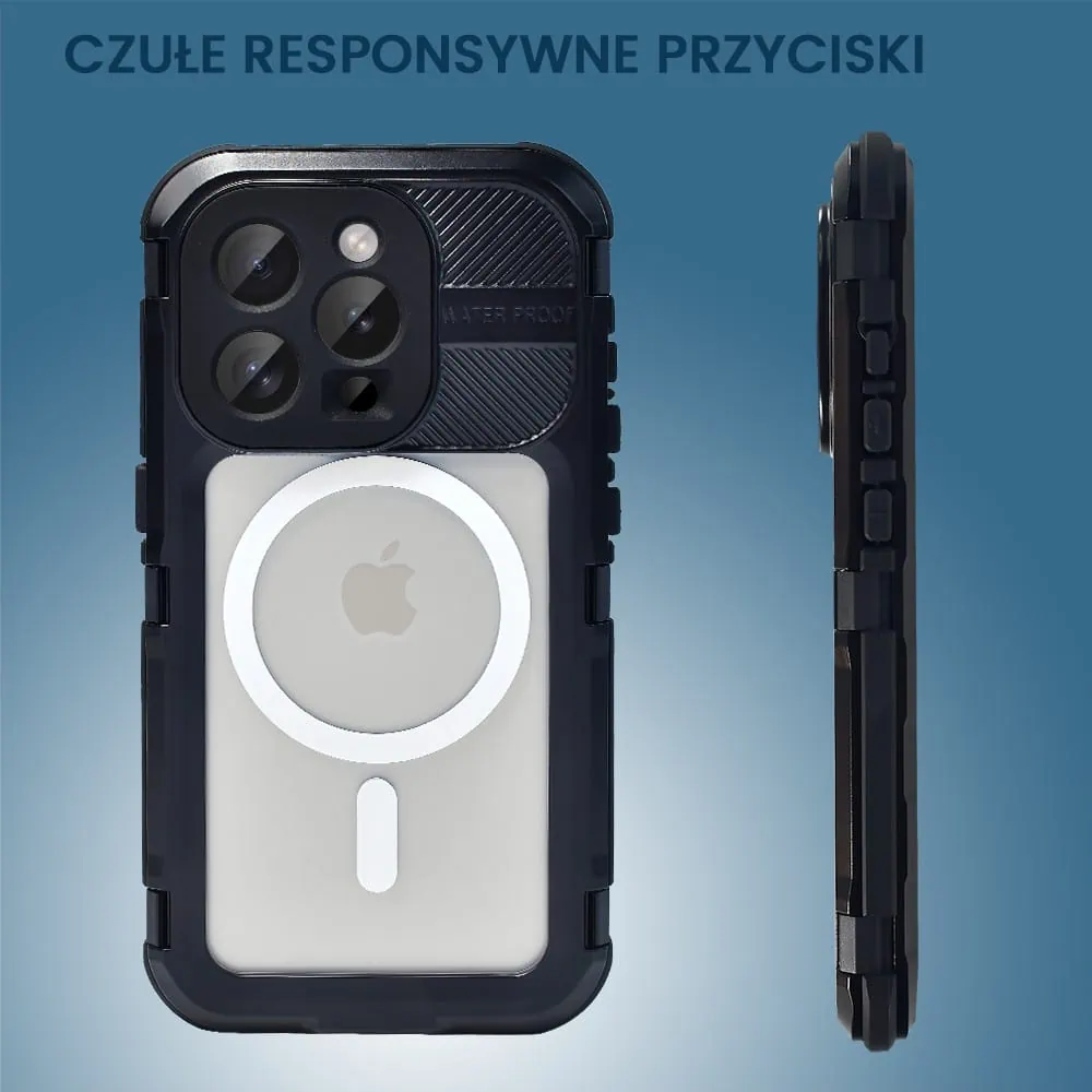 Etui do iPhone 15 Pro TOTAL Protect z Magsafe, wodoodporne, metalowe, przeźroczyste, czarne
