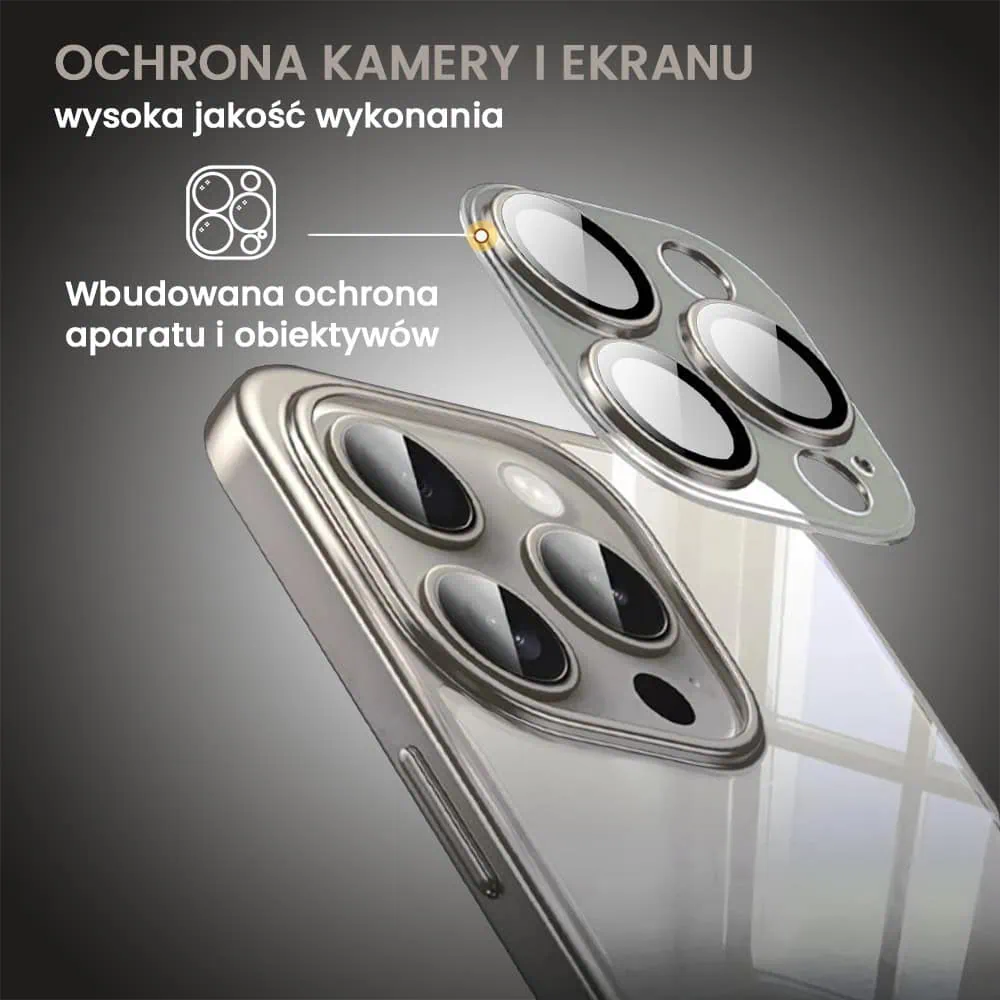 Etui do iPhone 15 Pro Max Titanium Finish, przeźroczyste z ochroną aparatu, Sulada original, tytanowe