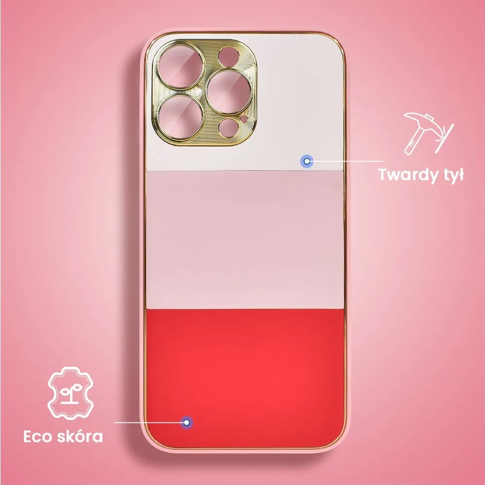 Etui do iPhone 15 Pro Max Tricolori eleganckie ze złotą osłoną kamery oraz zdobieniami, piękno różu