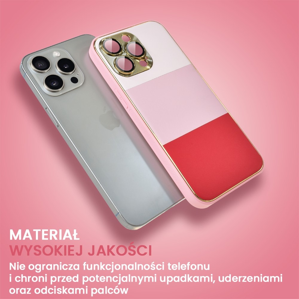 Etui do iPhone 15 Pro Max Tricolori eleganckie ze złotą osłoną kamery oraz zdobieniami, piękno różu