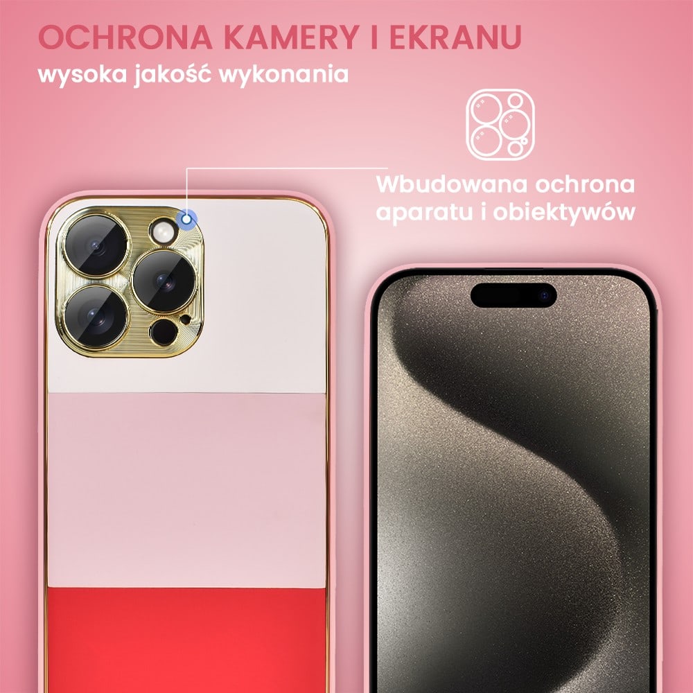 Etui do iPhone 15 Pro Max Tricolori eleganckie ze złotą osłoną kamery oraz zdobieniami, piękno różu