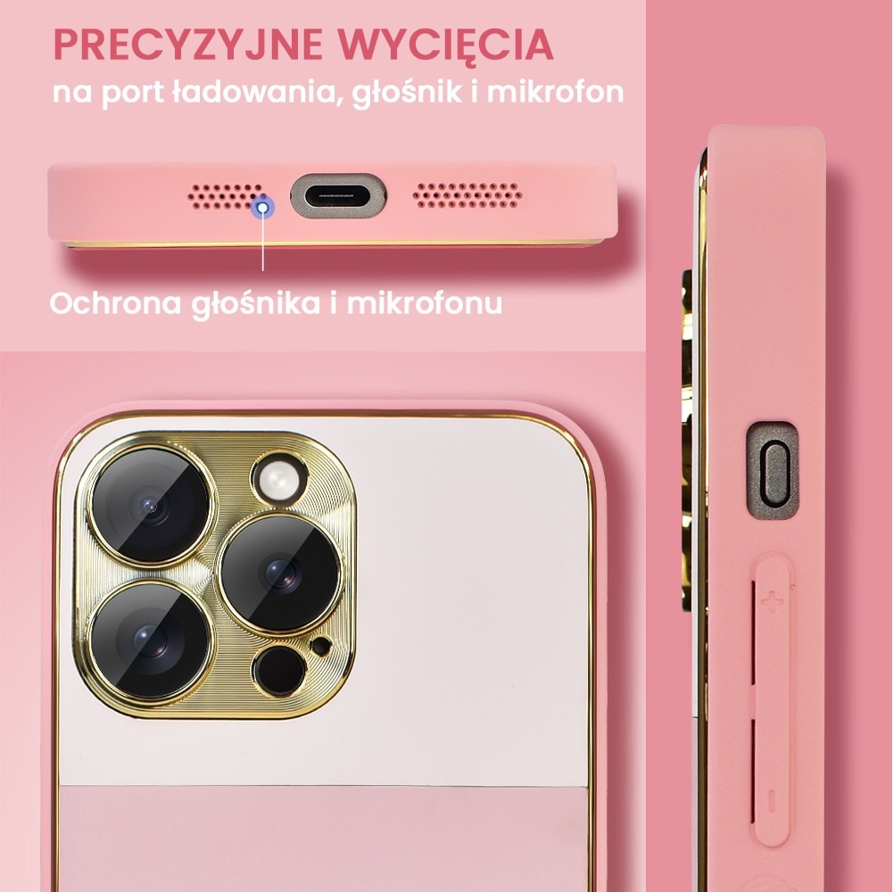 Etui do iPhone 15 Pro Max Tricolori eleganckie ze złotą osłoną kamery oraz zdobieniami, piękno różu