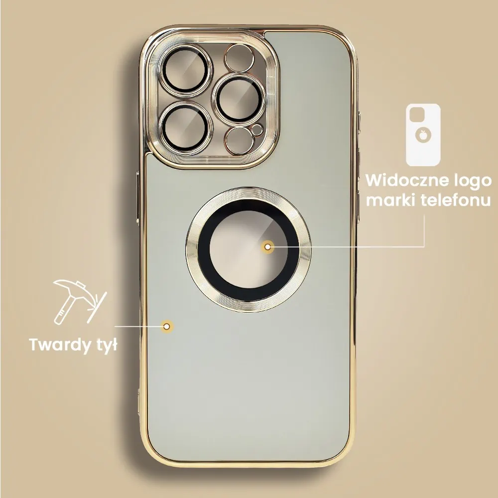 Etui do iPhone 15 Pro Max cienkie, eleganckie, z osłoną aparatu i widocznym logo, złote