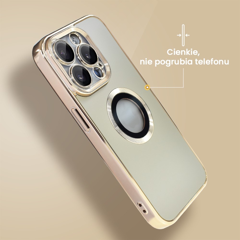 Etui do iPhone 15 Pro Max cienkie, eleganckie, z osłoną aparatu i widocznym logo, złote