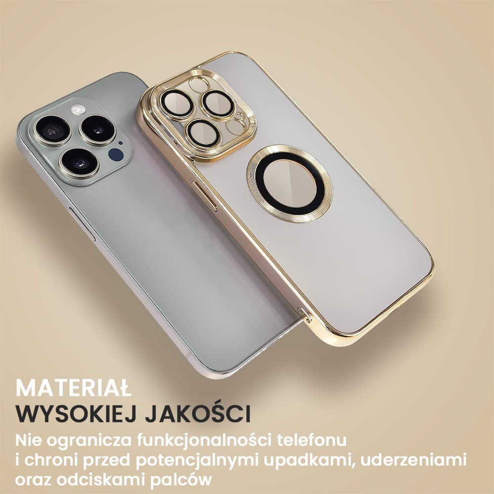 Etui do iPhone 15 Pro Max cienkie, eleganckie, z osłoną aparatu i widocznym logo, złote
