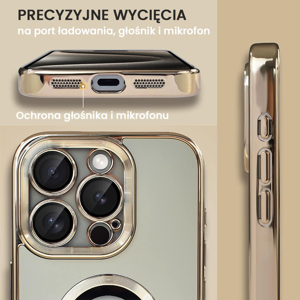 Etui do iPhone 15 Pro Max cienkie, eleganckie, z osłoną aparatu i widocznym logo, złote