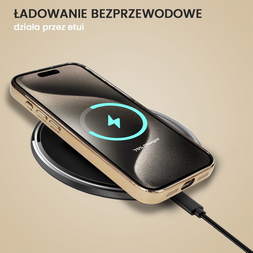 Etui do iPhone 15 Pro Max cienkie, eleganckie, z osłoną aparatu i widocznym logo, złote
