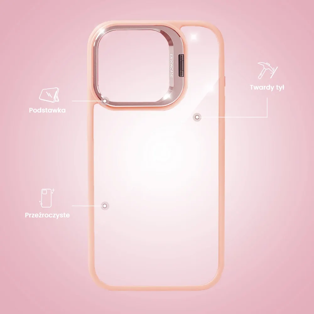Etui do iPhone 15 Pro Max cienkie przeźroczyste, 3w1 z podstawką i osłoną aparatu, różowe